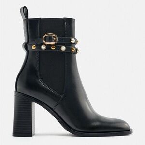 Zara black pearl block heeled ankle boots
